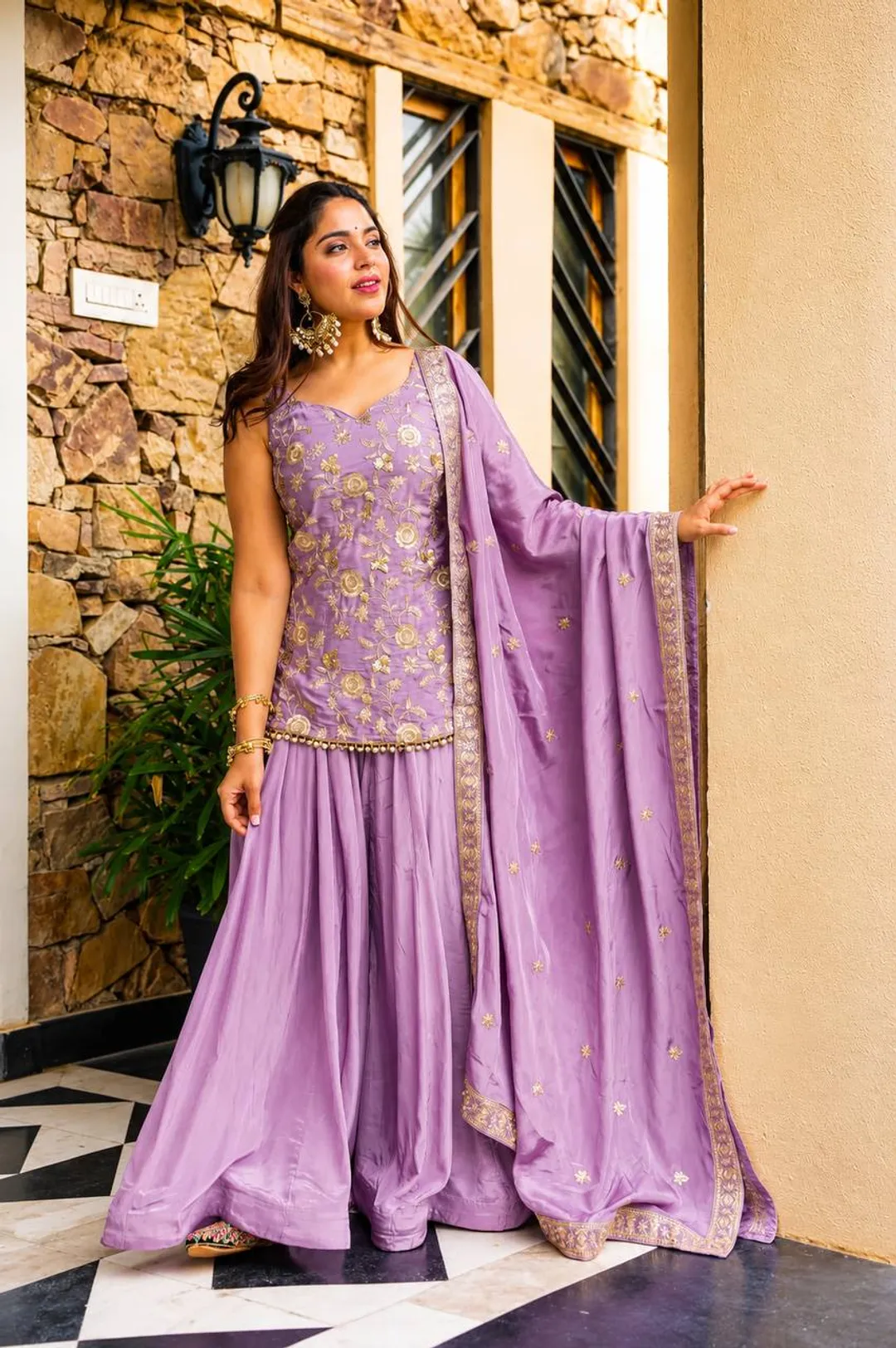 Lavender Zari Sequins Sarara 3 Piece Suit Set | Varnavi