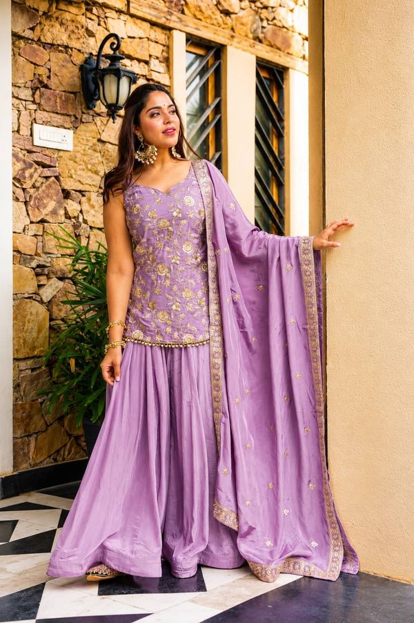 Lavender Zari Sequins Sarara 3 Piece Suit Set | Varnavi
