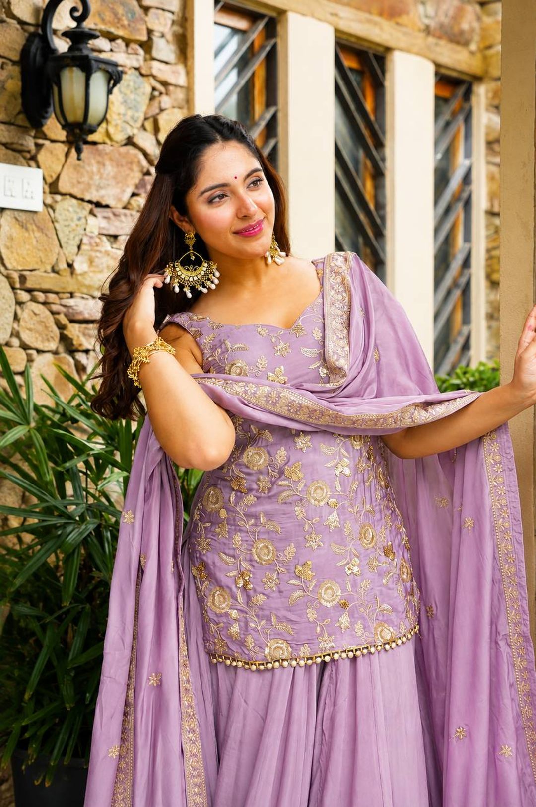 Lavender Zari Sequins Sarara 3 Piece Suit Set | Varnavi