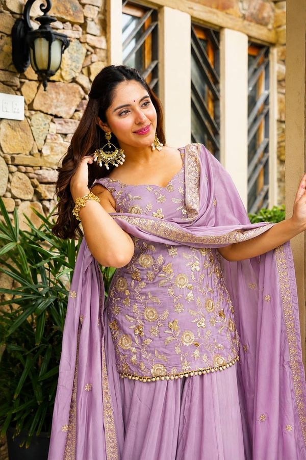 Lavender Zari Sequins Sarara 3 Piece Suit Set | Varnavi