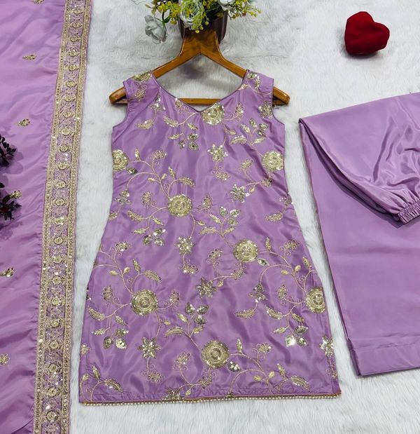 Lavender Zari Sequins Sarara 3 Piece Suit Set | Varnavi