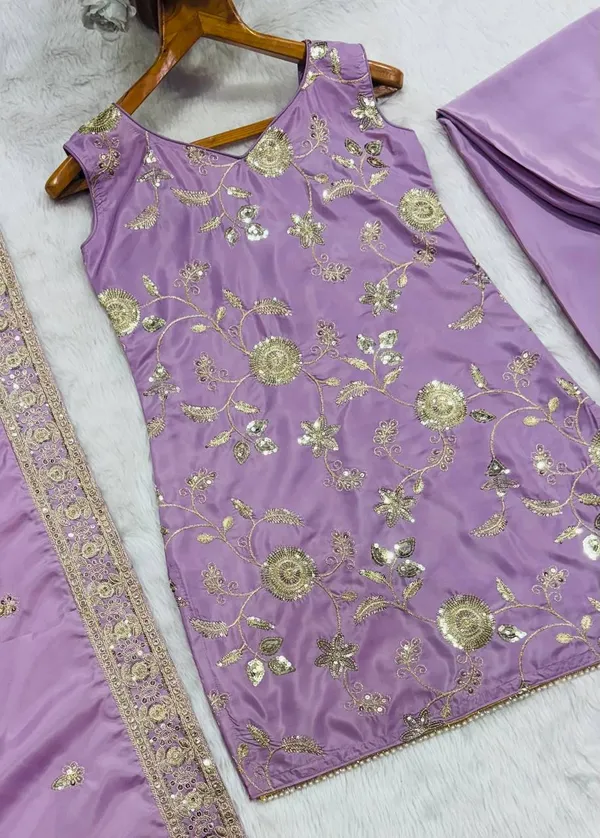Lavender Zari Sequins Sarara 3 Piece Suit Set | Varnavi