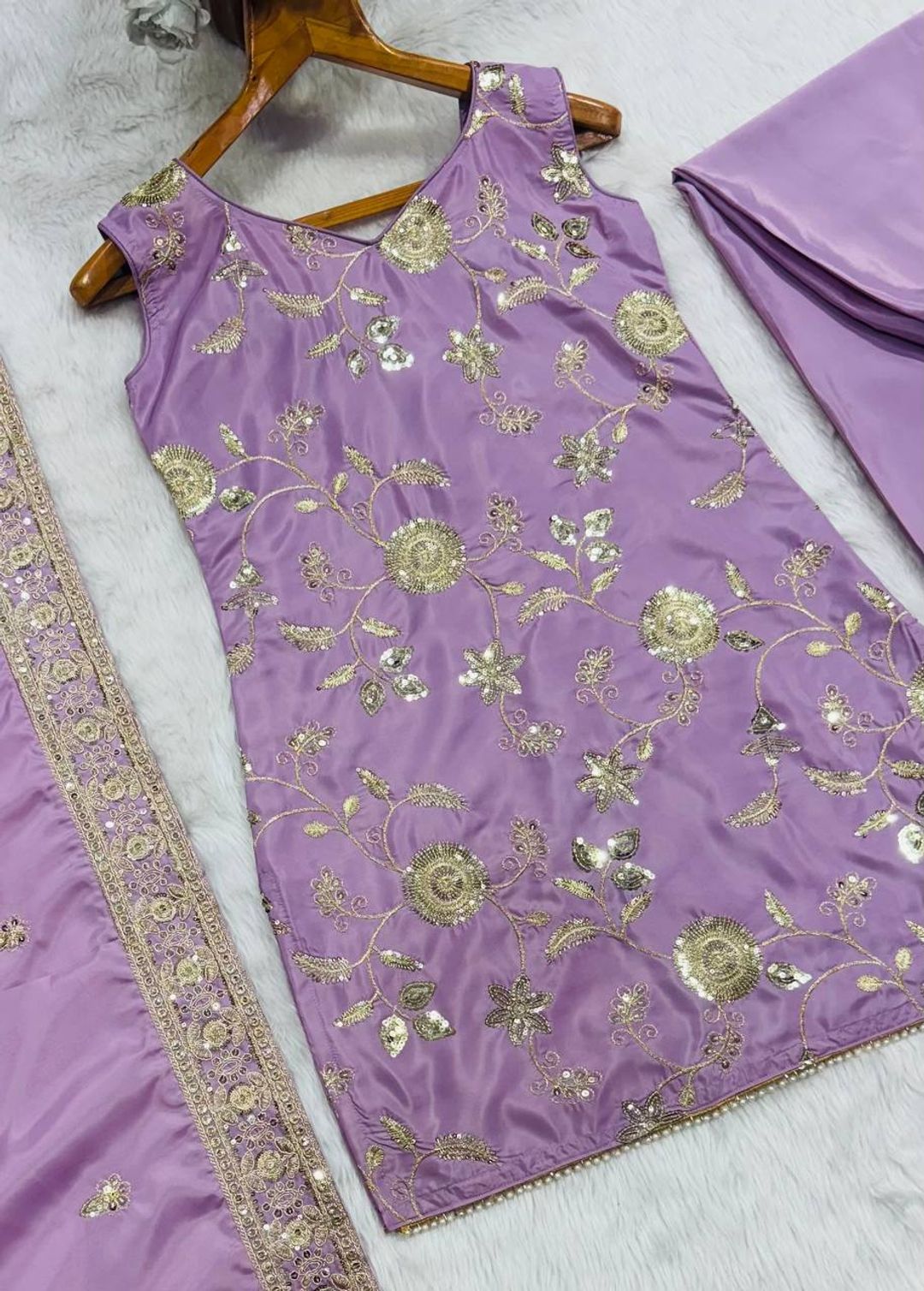Lavender Zari Sequins Sarara 3 Piece Suit Set | Varnavi
