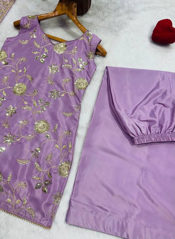 Lavender Zari Sequins Sarara 3 Piece Suit Set | Varnavi