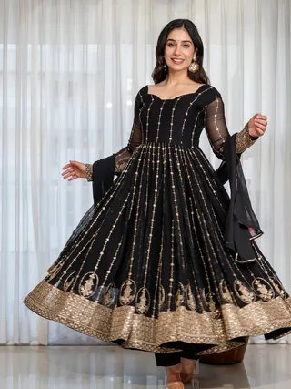 Black Zari Sequins Embroidered Anarkali Suit Set | Varnavi!