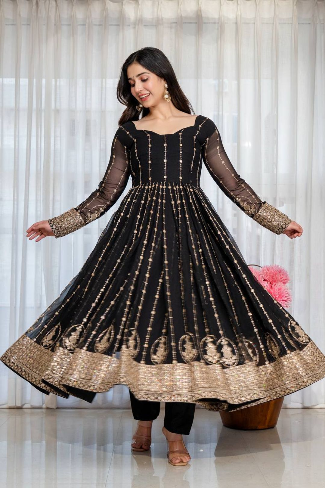 Black Zari Sequins Embroidered Anarkali Suit Set | Varnavi!