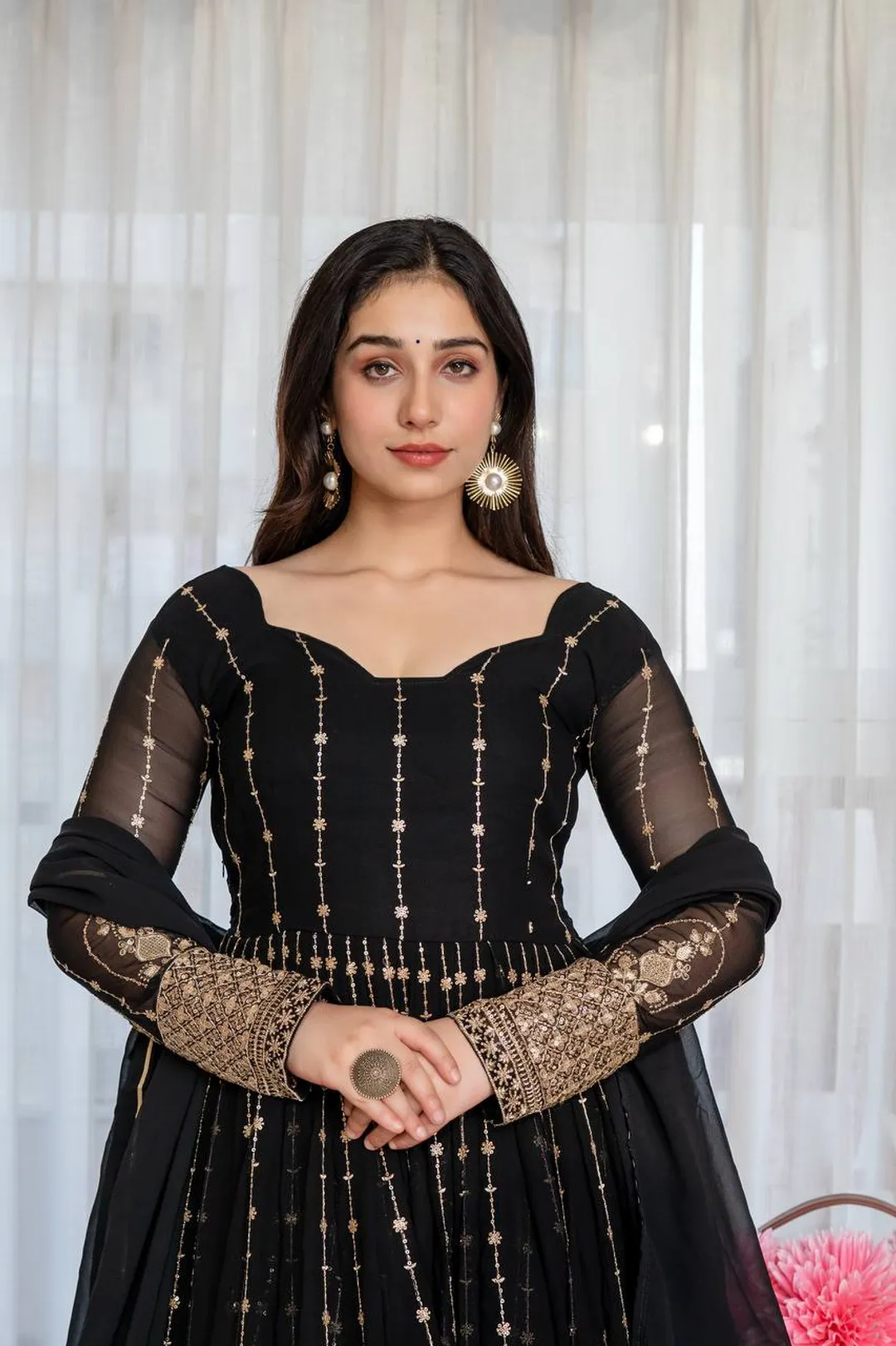 Black Zari Sequins Embroidered Anarkali Suit Set | Varnavi!