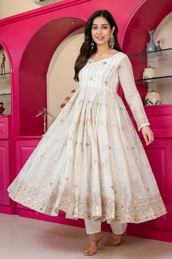 Ivory Zari Sequins Embroidered Anarkali Suit Set | Varnavi
