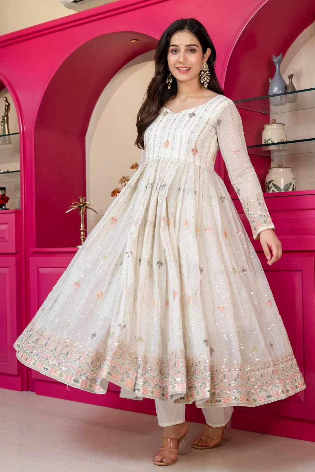 Ivory Zari Sequins Embroidered Anarkali Suit Set | Varnavi