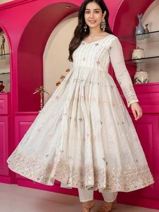 Ivory Zari Sequins Embroidered Anarkali Suit Set | Varnavi