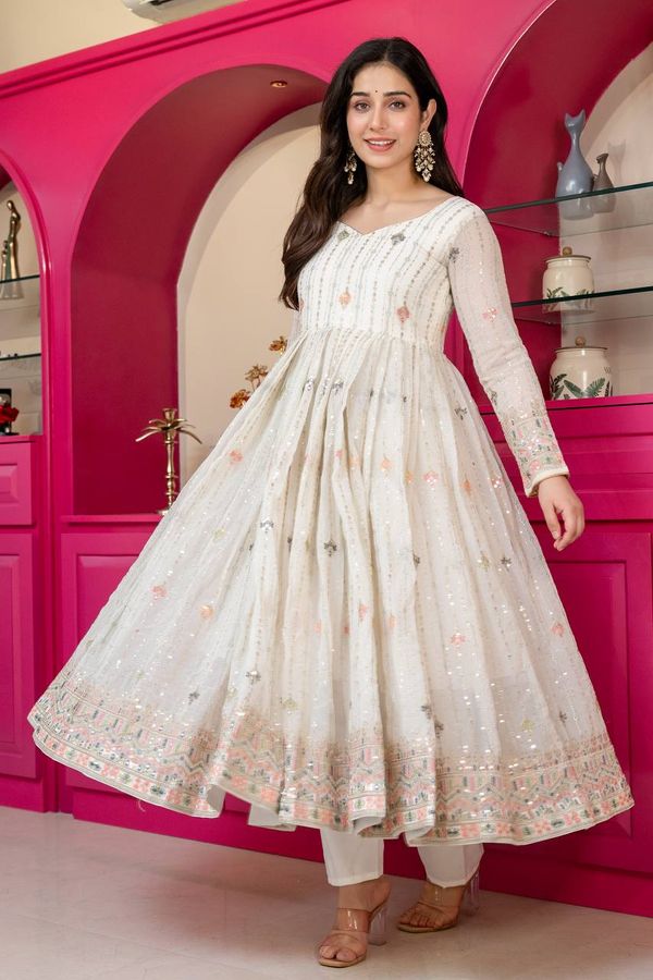 Ivory Zari Sequins Embroidered Anarkali Suit Set | Varnavi
