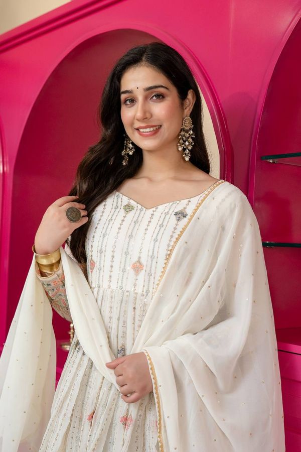 Ivory Zari Sequins Embroidered Anarkali Suit Set | Varnavi