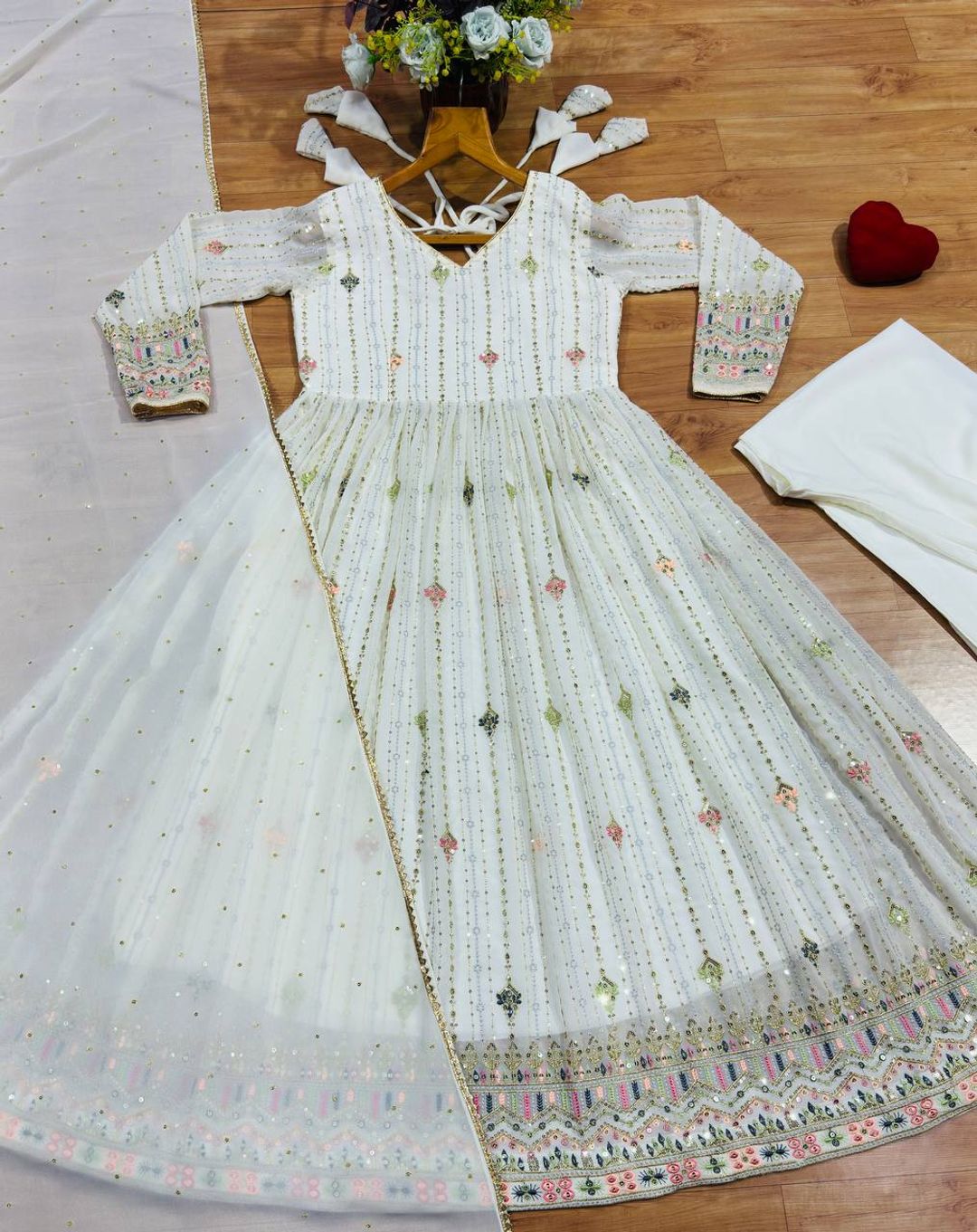 Ivory Zari Sequins Embroidered Anarkali Suit Set | Varnavi
