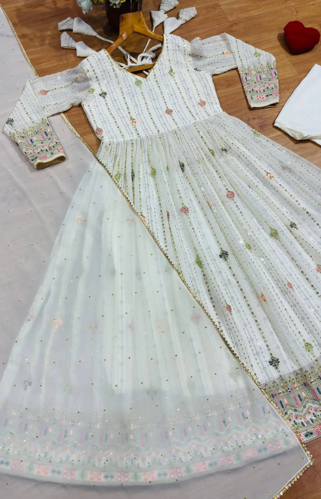 Ivory Zari Sequins Embroidered Anarkali Suit Set | Varnavi