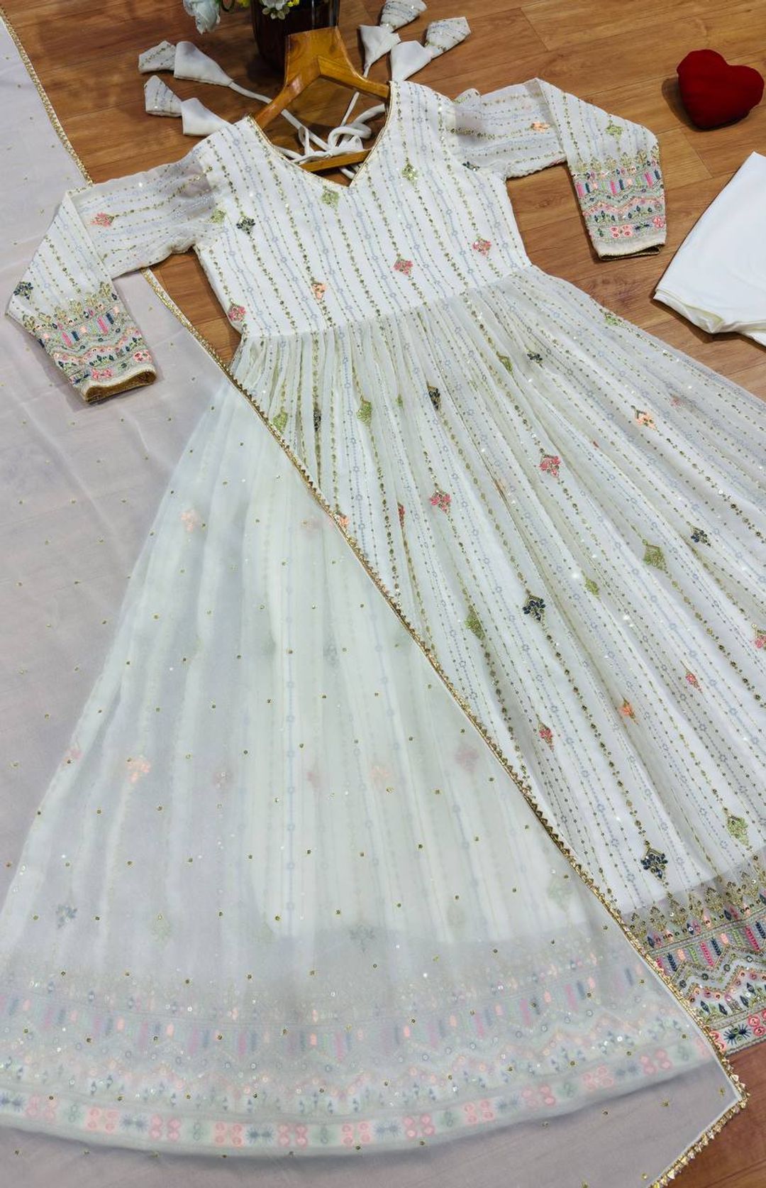 Ivory Zari Sequins Embroidered Anarkali Suit Set | Varnavi
