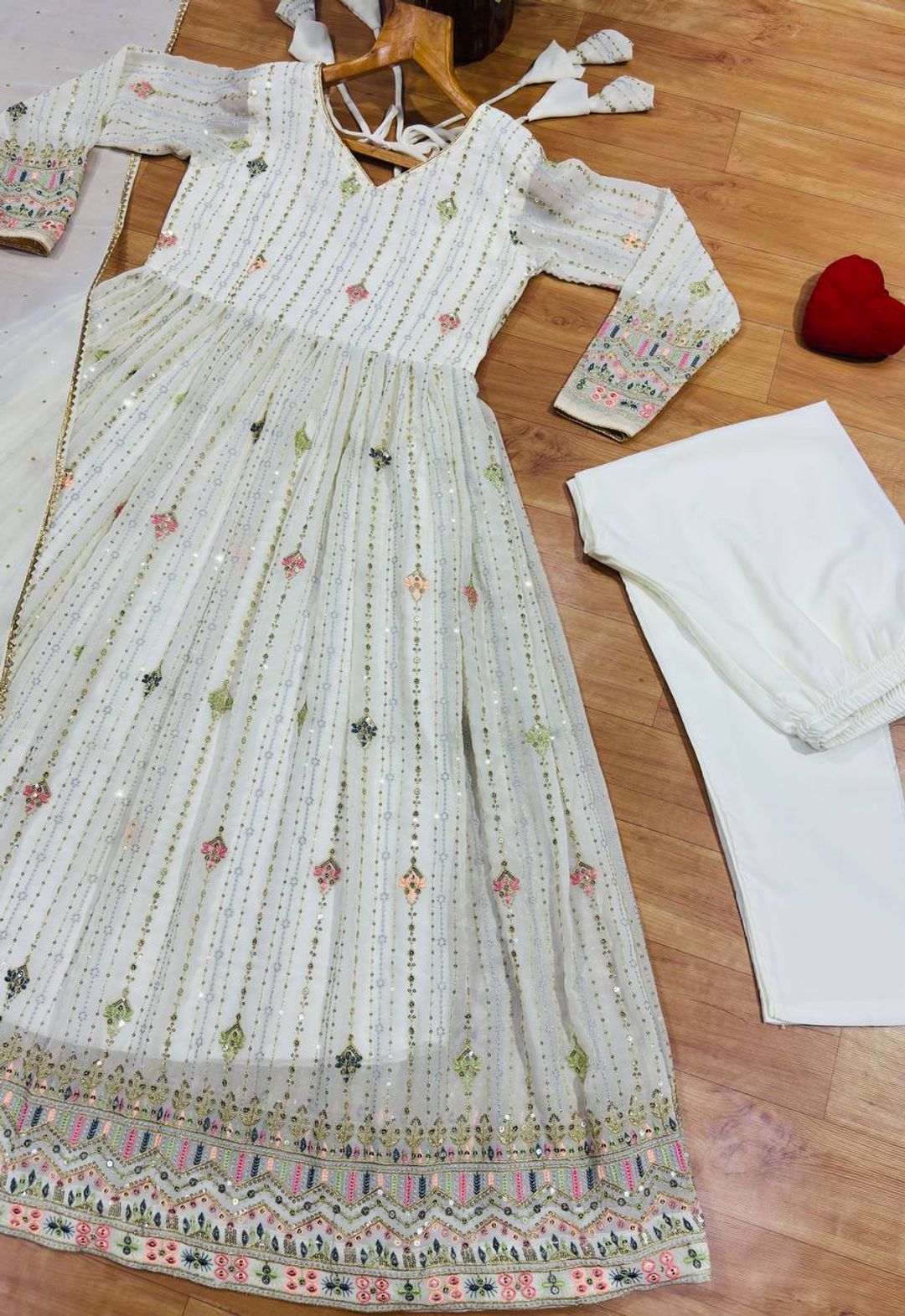 Ivory Zari Sequins Embroidered Anarkali Suit Set | Varnavi
