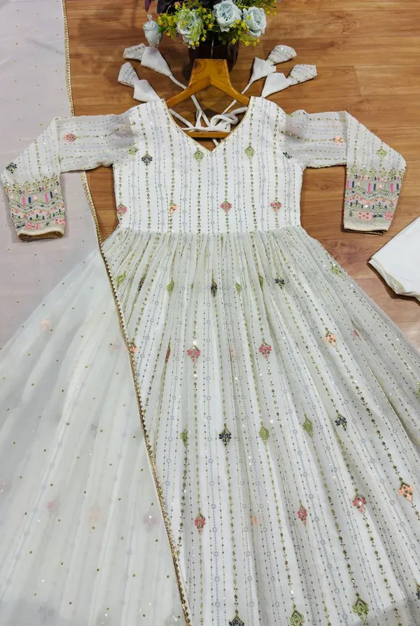 Ivory Zari Sequins Embroidered Anarkali Suit Set | Varnavi
