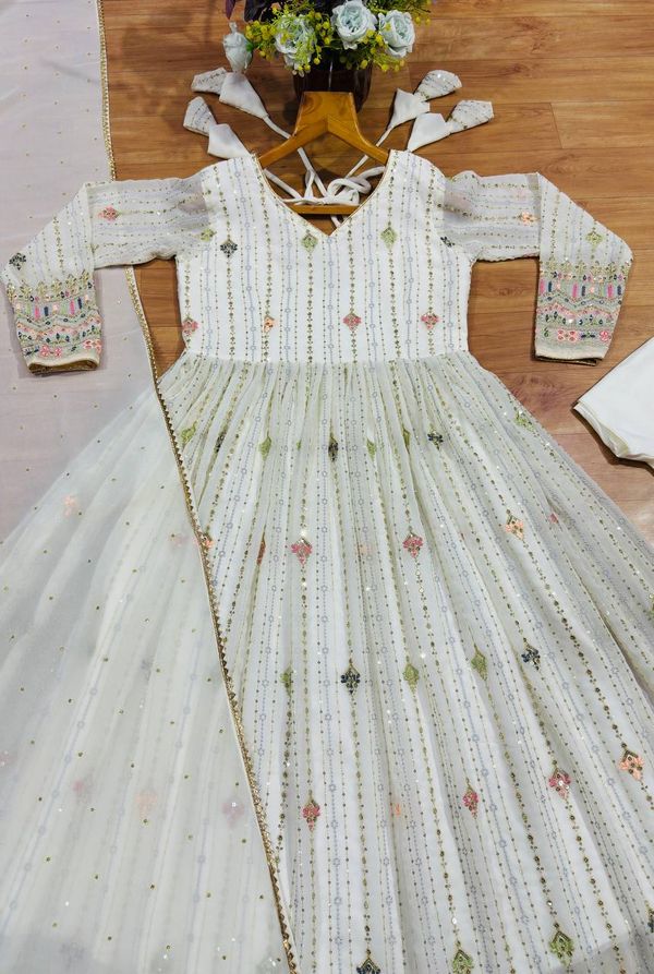 Ivory Zari Sequins Embroidered Anarkali Suit Set | Varnavi