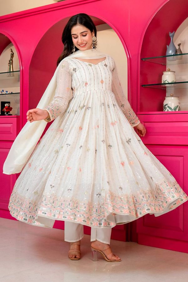 Ivory Zari Sequins Embroidered Anarkali Suit Set | Varnavi