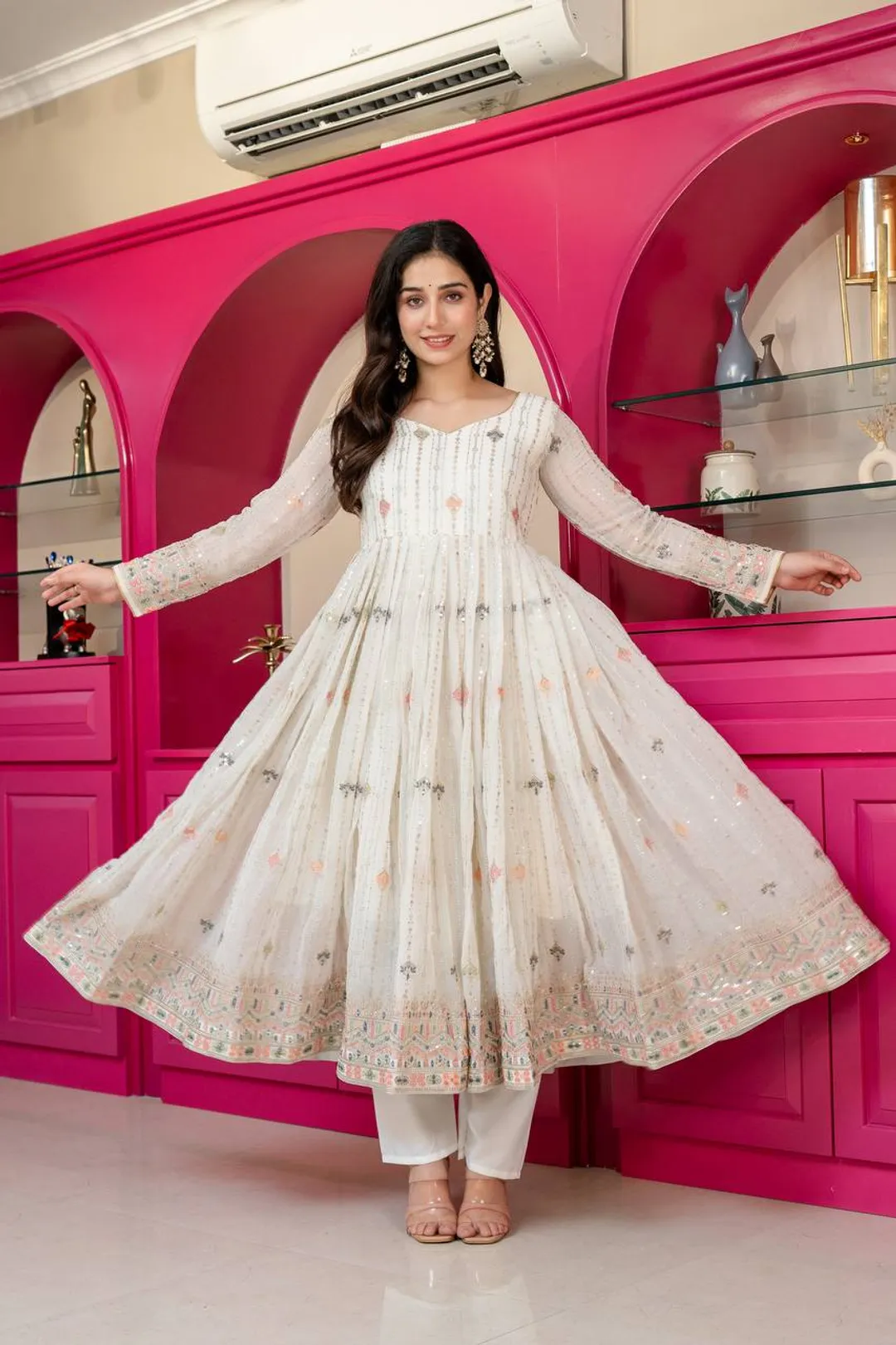 Ivory Zari Sequins Embroidered Anarkali Suit Set | Varnavi