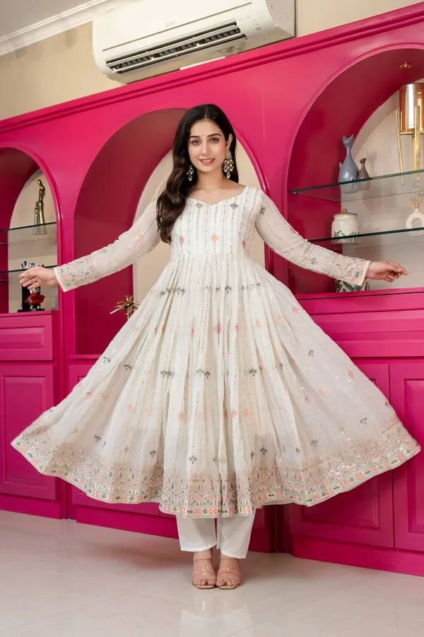 Ivory Zari Sequins Embroidered Anarkali Suit Set | Varnavi