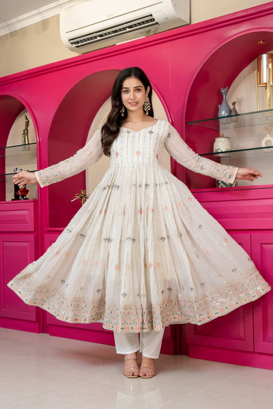 Ivory Zari Sequins Embroidered Anarkali Suit Set | Varnavi