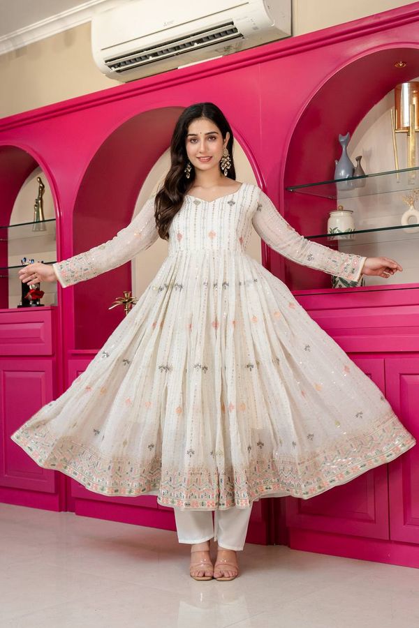 Ivory Zari Sequins Embroidered Anarkali Suit Set | Varnavi