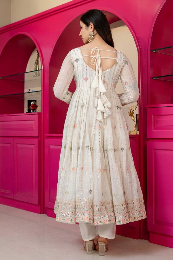 Ivory Zari Sequins Embroidered Anarkali Suit Set | Varnavi