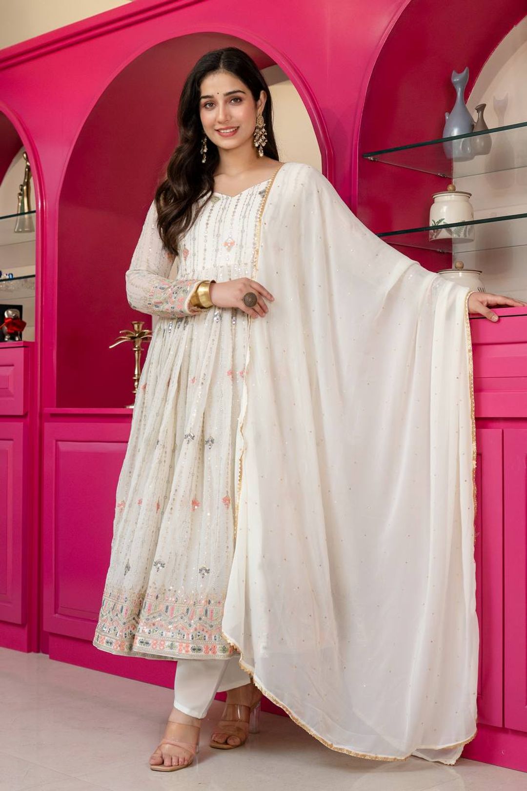 Ivory Zari Sequins Embroidered Anarkali Suit Set | Varnavi