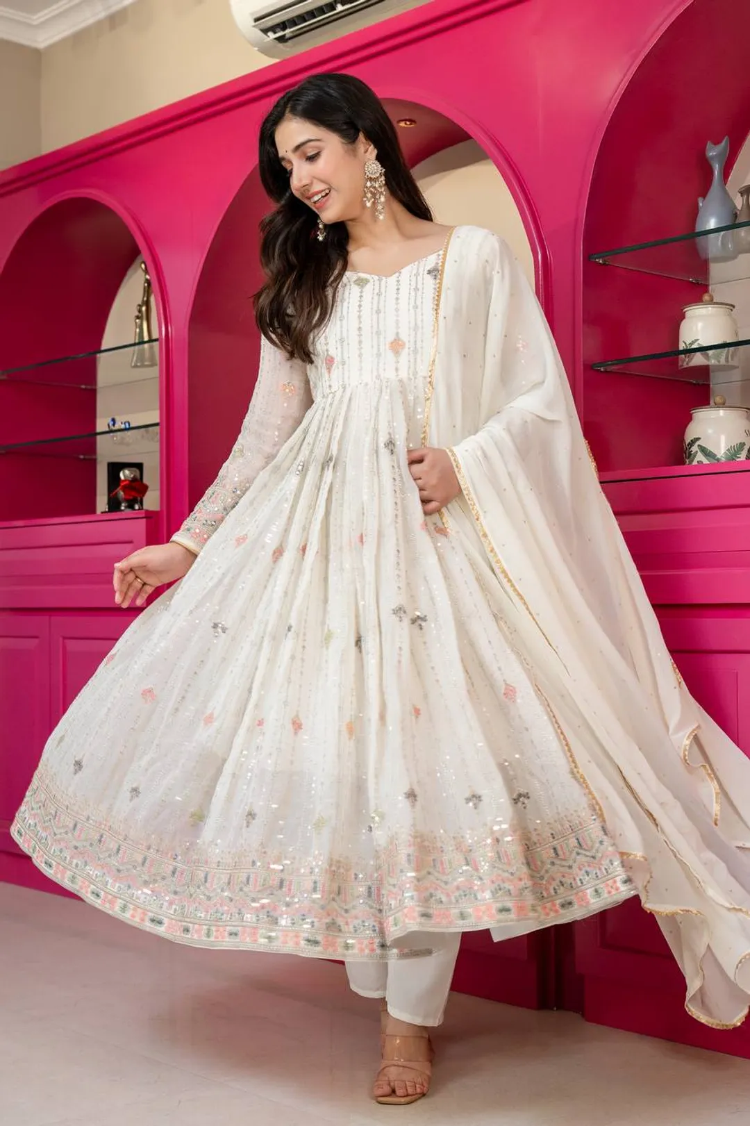 Ivory Zari Sequins Embroidered Anarkali Suit Set | Varnavi