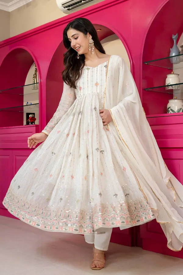 Ivory Zari Sequins Embroidered Anarkali Suit Set | Varnavi