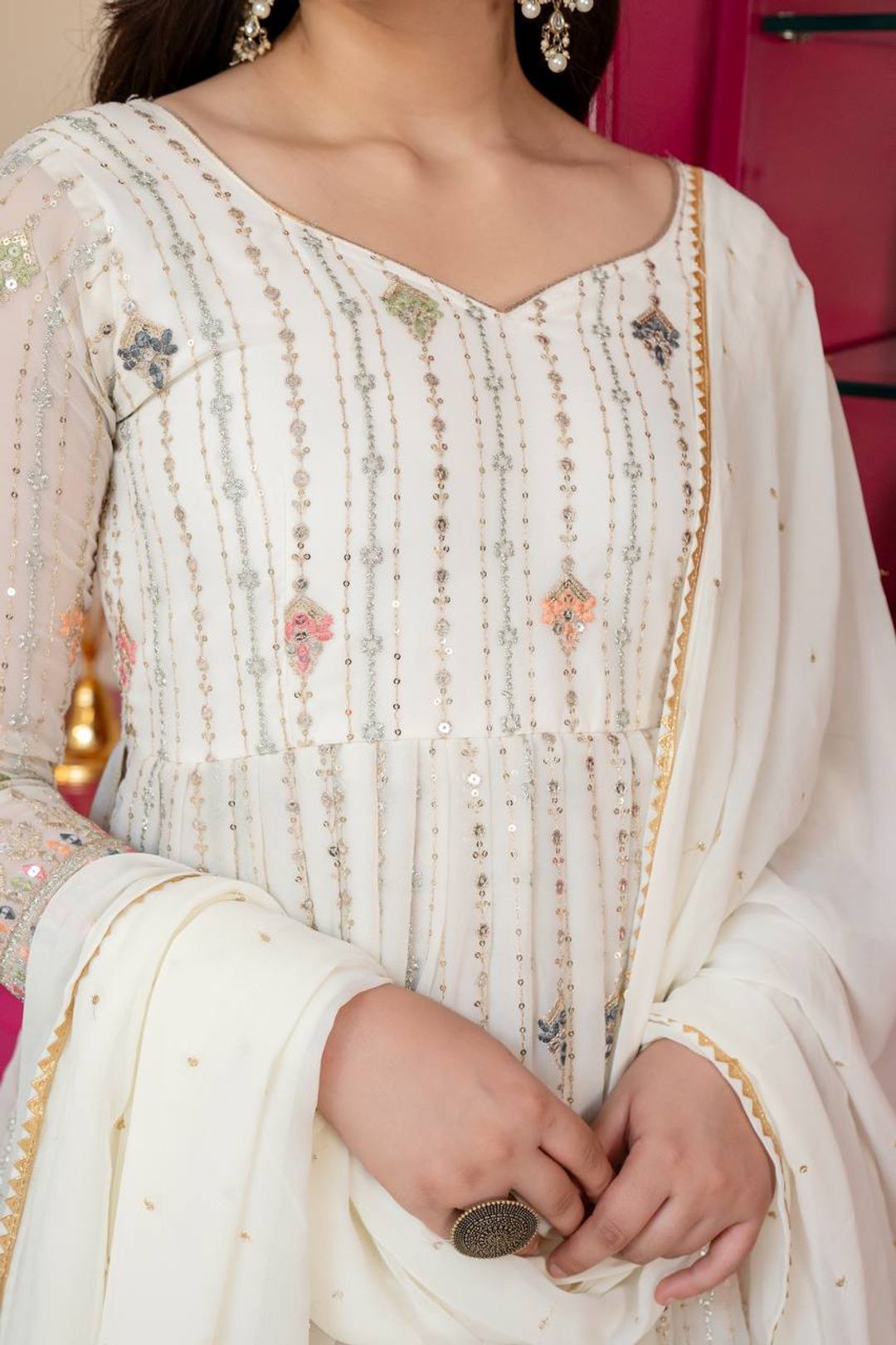 Ivory Zari Sequins Embroidered Anarkali Suit Set | Varnavi