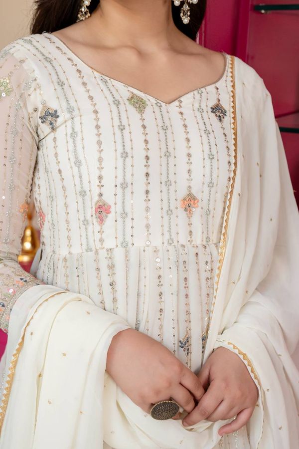 Ivory Zari Sequins Embroidered Anarkali Suit Set | Varnavi
