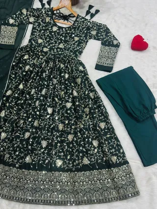 Dark Green Threadwork Anarkali Suit Set for Women | Varnavi