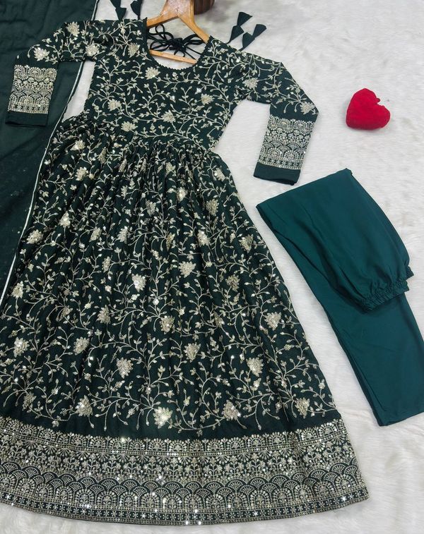 Dark Green Threadwork Anarkali Suit Set for Women | Varnavi