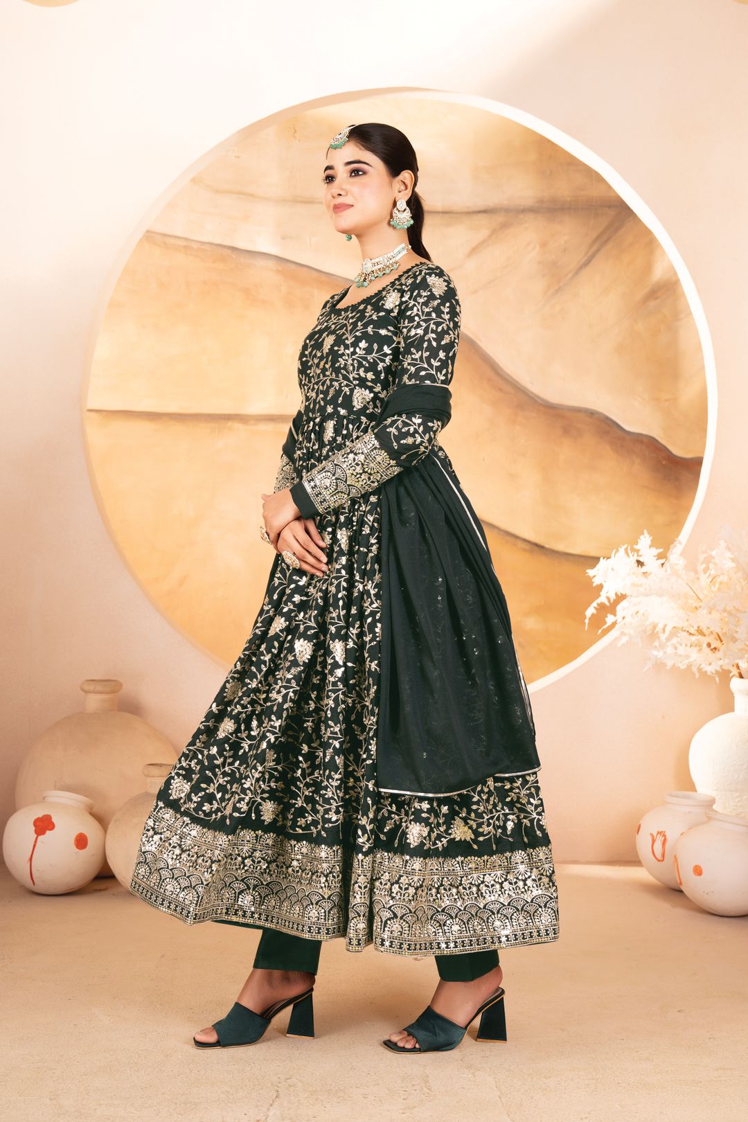 Dark Green Threadwork Anarkali Suit Set for Women | Varnavi