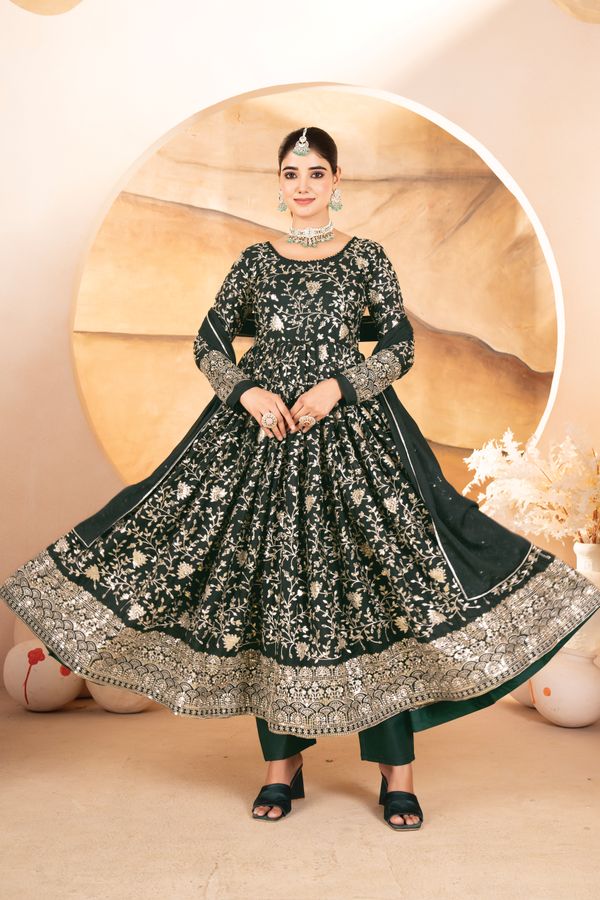 Dark Green Threadwork Anarkali Suit Set for Women | Varnavi
