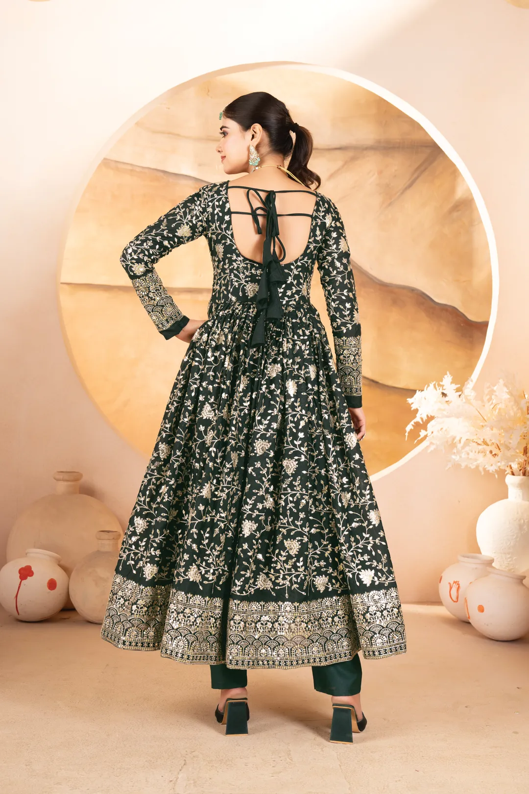 Dark Green Threadwork Anarkali Suit Set for Women | Varnavi