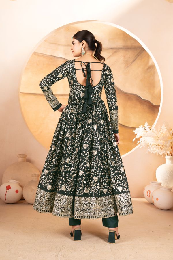 Dark Green Threadwork Anarkali Suit Set for Women | Varnavi