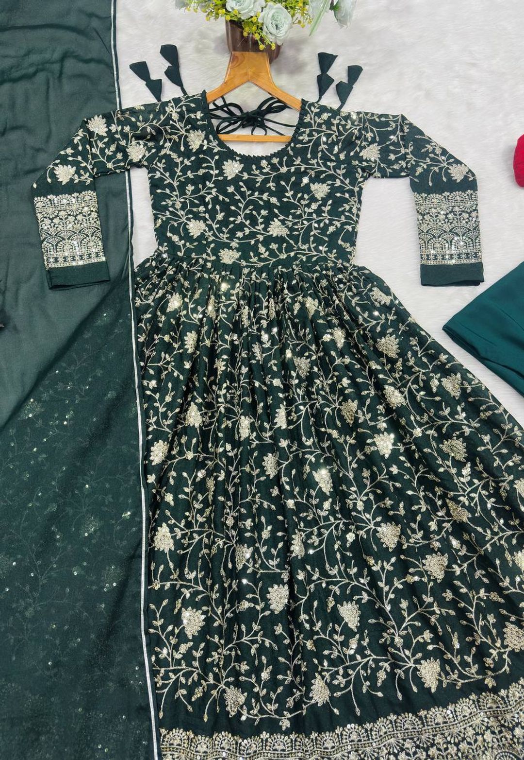 Dark Green Threadwork Anarkali Suit Set for Women | Varnavi