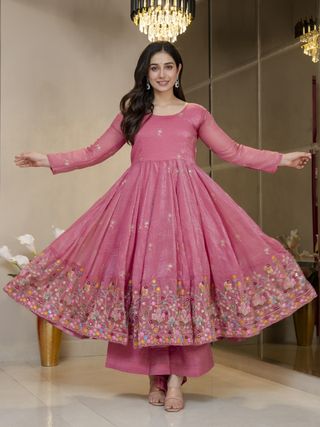 Pink Threadwork Anarkali Gown Suit Set for Women | Varnavi!
