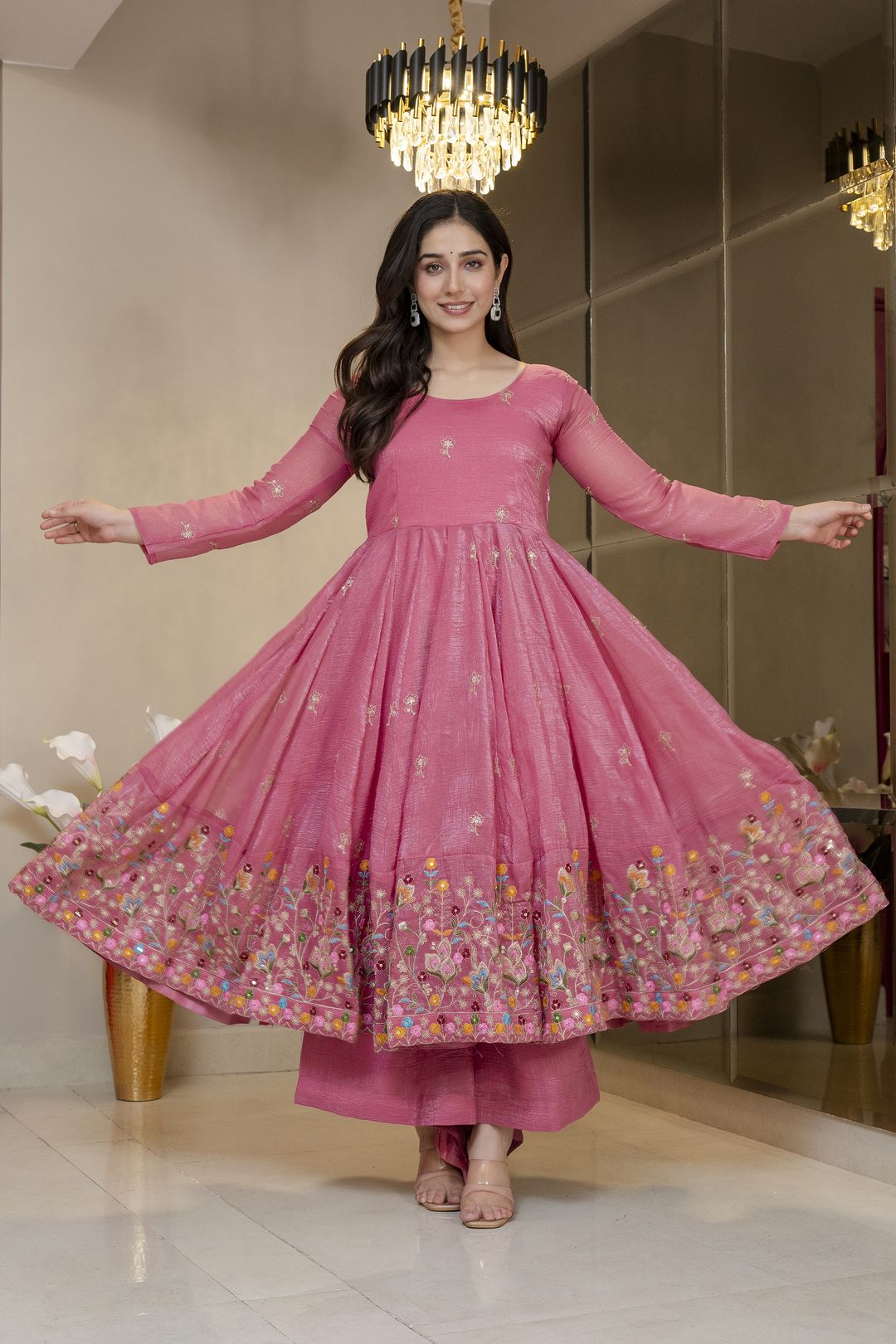 Pink Threadwork Anarkali Gown Suit Set for Women | Varnavi!