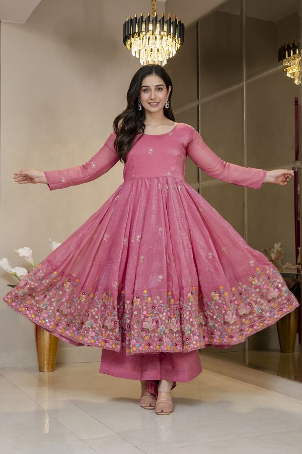 Pink Threadwork Anarkali Gown Suit Set for Women | Varnavi!