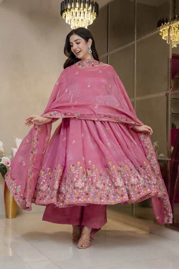 Pink Threadwork Anarkali Gown Suit Set for Women | Varnavi!