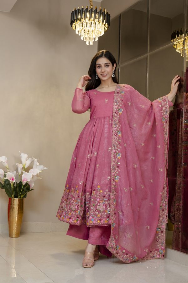 Pink Threadwork Anarkali Gown Suit Set for Women | Varnavi!