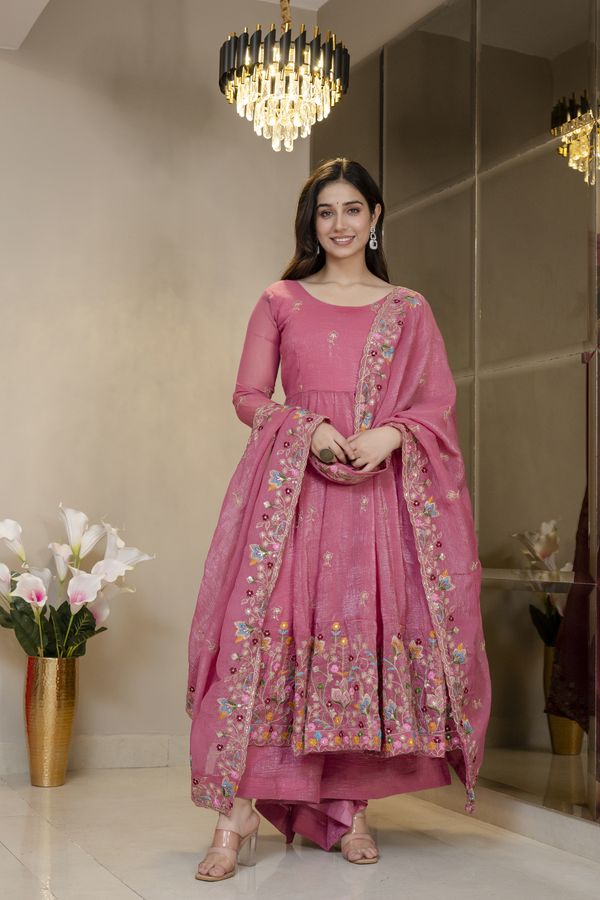 Pink Threadwork Anarkali Gown Suit Set for Women | Varnavi!