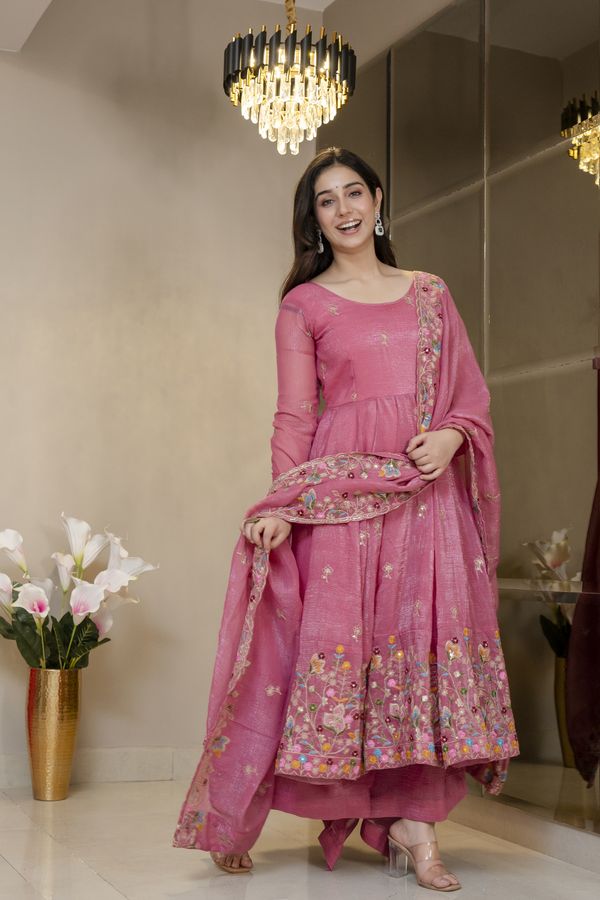Pink Threadwork Anarkali Gown Suit Set for Women | Varnavi!