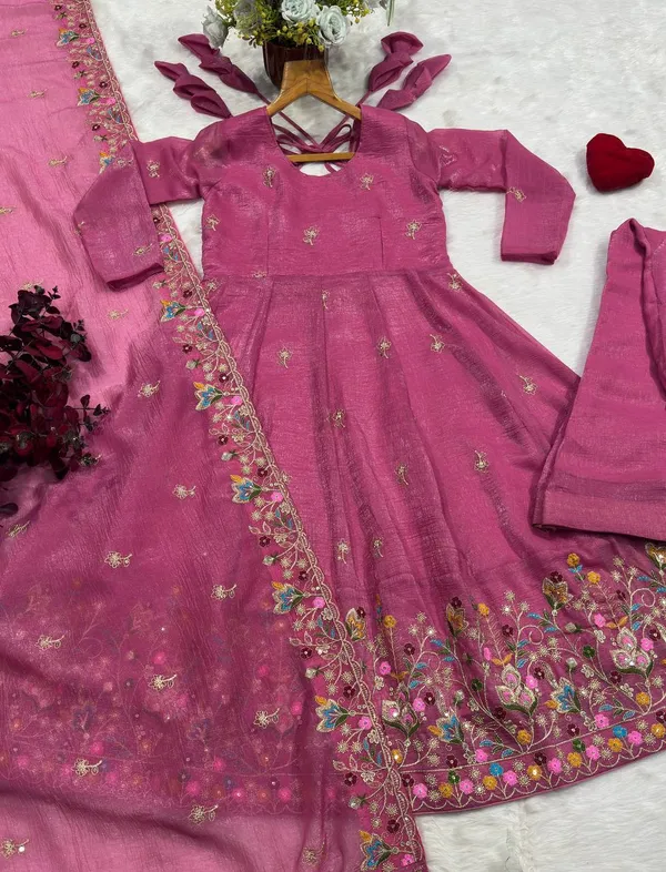 Pink Threadwork Anarkali Gown Suit Set for Women | Varnavi!