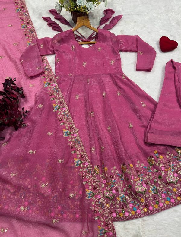 Pink Threadwork Anarkali Gown Suit Set for Women | Varnavi!