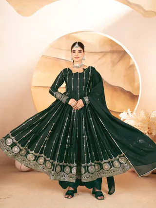Dark Green Sequins Anarkali Suit Set with Dupatta | Varnavi